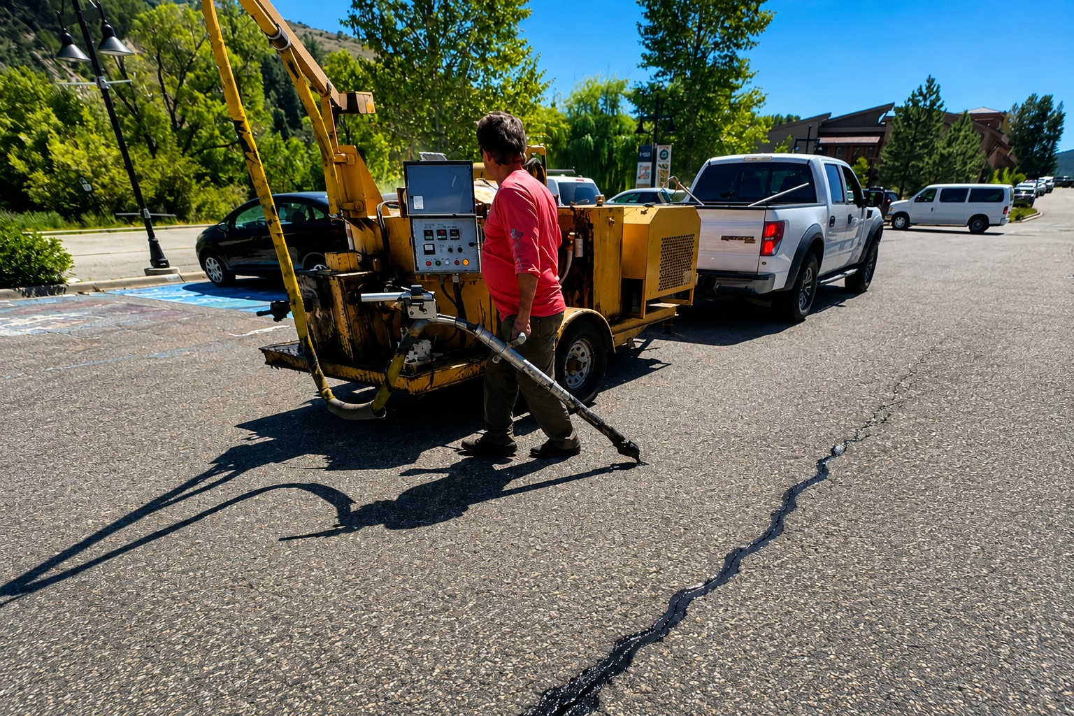 Crack filling operation on asphalt