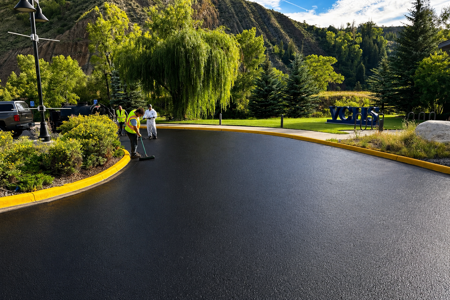 Crew sealing asphalt driveway