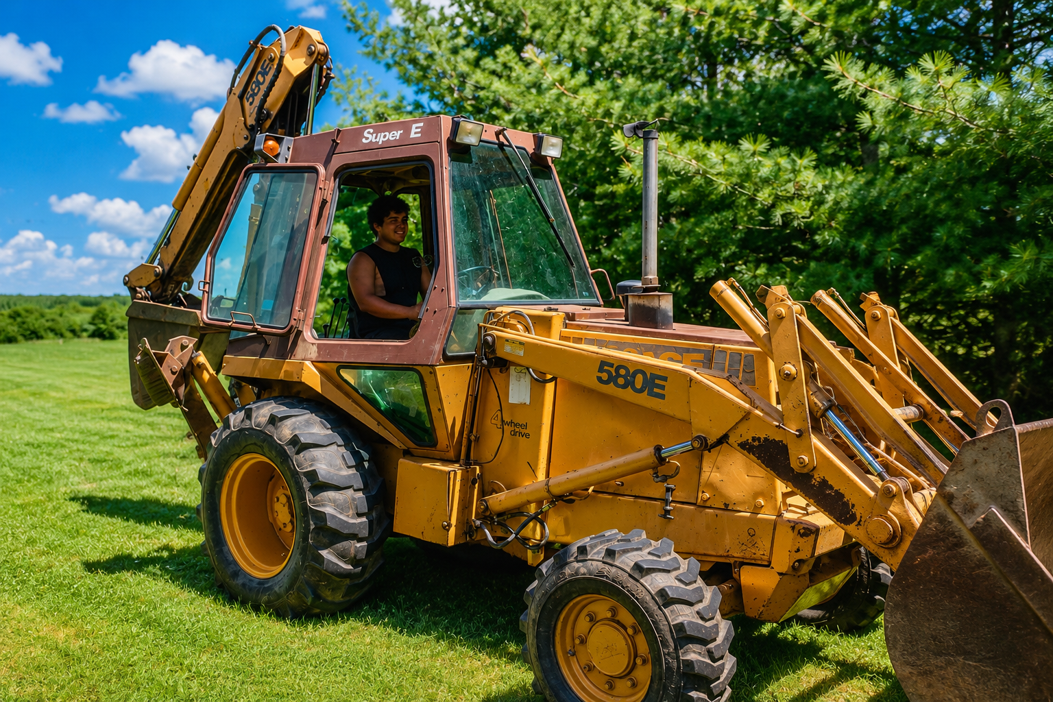 John Deere backhoe in field