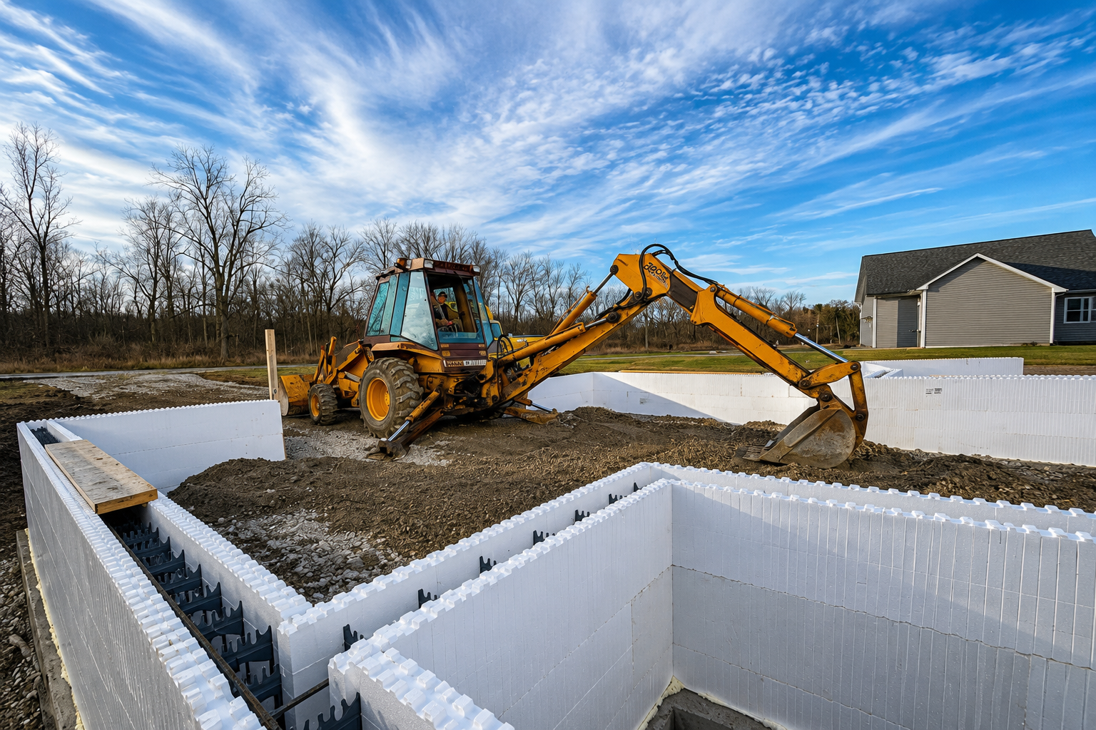 Backhoe working near ICF foundation walls