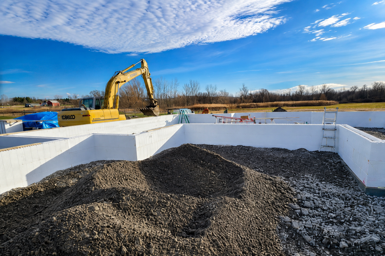 Foundation area with gravel mound and excavator