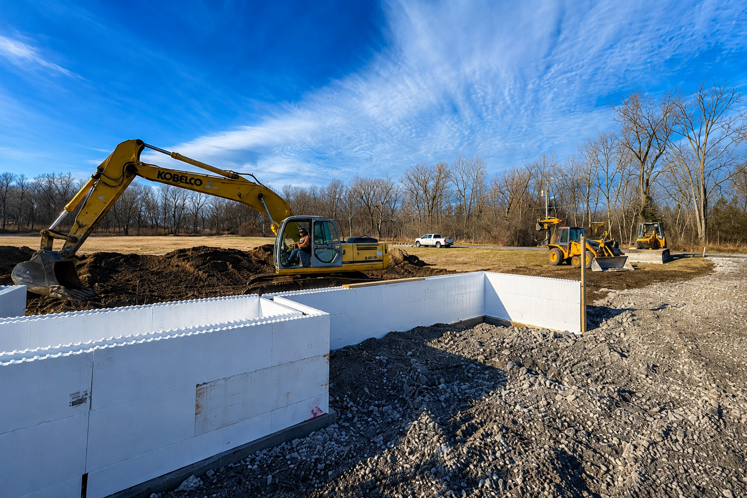 Excavator and additional heavy machinery on construction site
