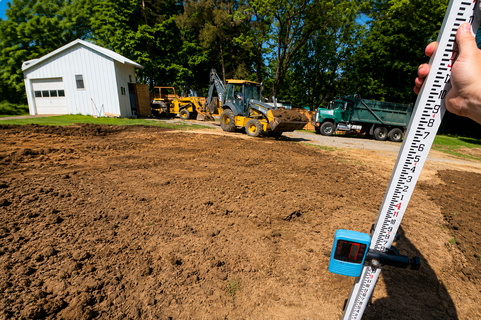 Survey rod on a prepared site with equipment