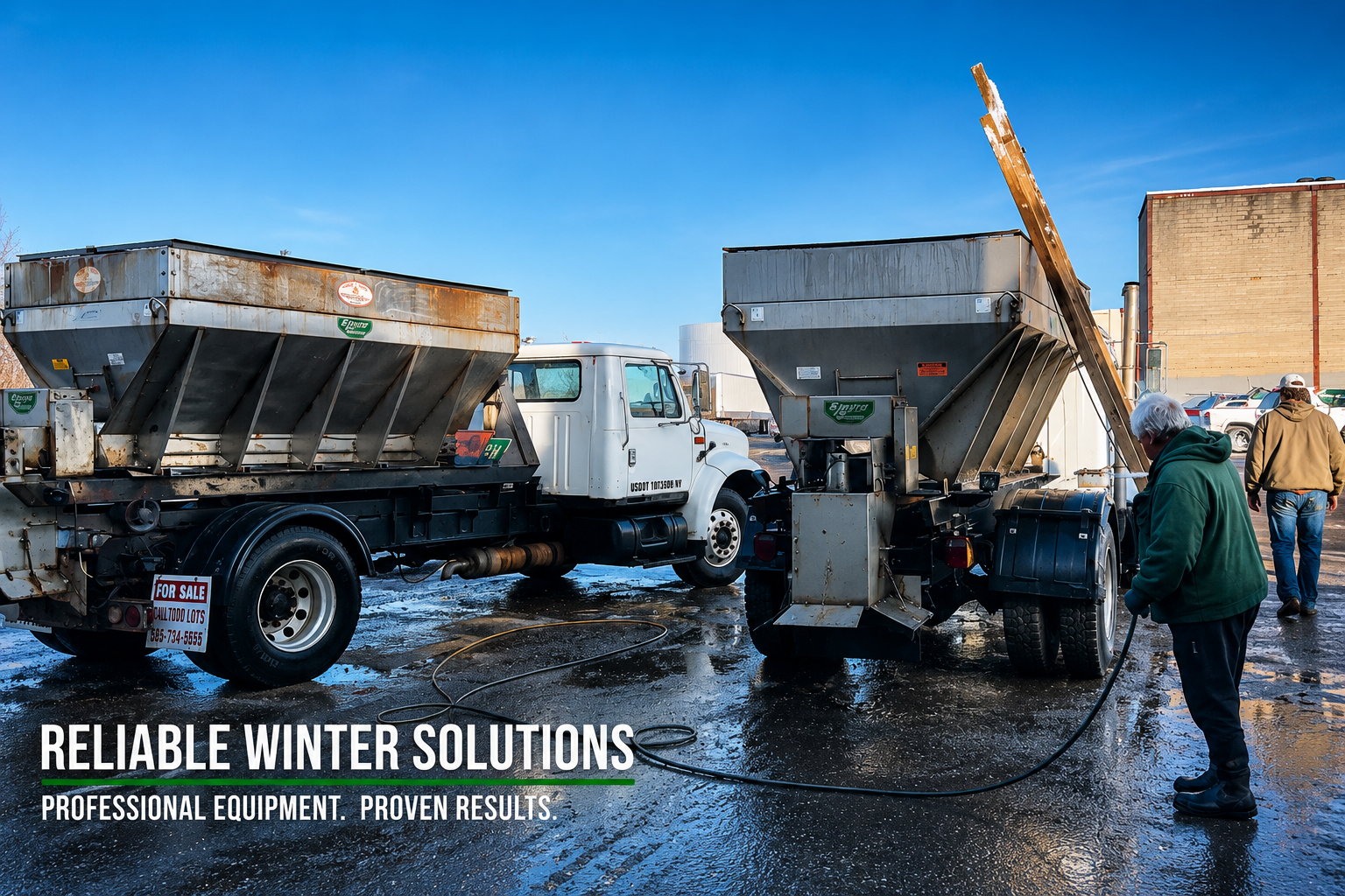 Winter maintenance equipment clearing snow in an industrial yard