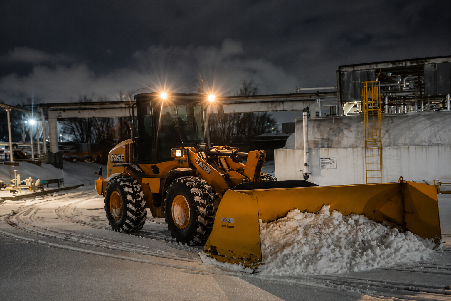 Loader pushing snow at night